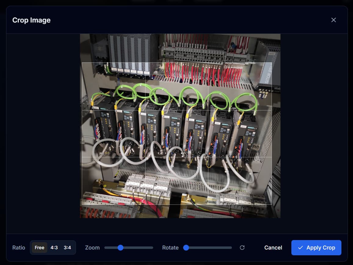 Crop Image dialog showing ratio options (Free, 4:3, 3:4), Zoom slider, Rotate slider, and Apply Crop button