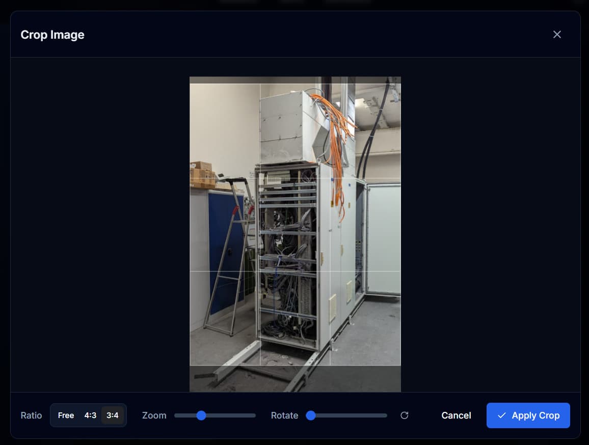 Crop Image dialog with 3:4 ratio selected, cropping a portrait photo of a server cabinet