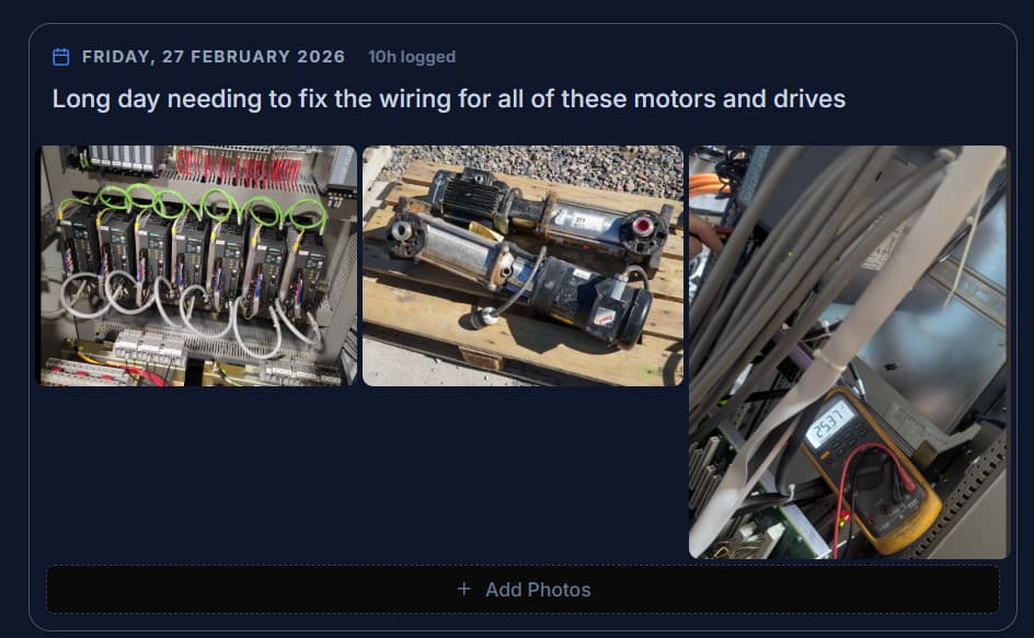 Daily log with three photos where the third photo of a multimeter reading is sideways