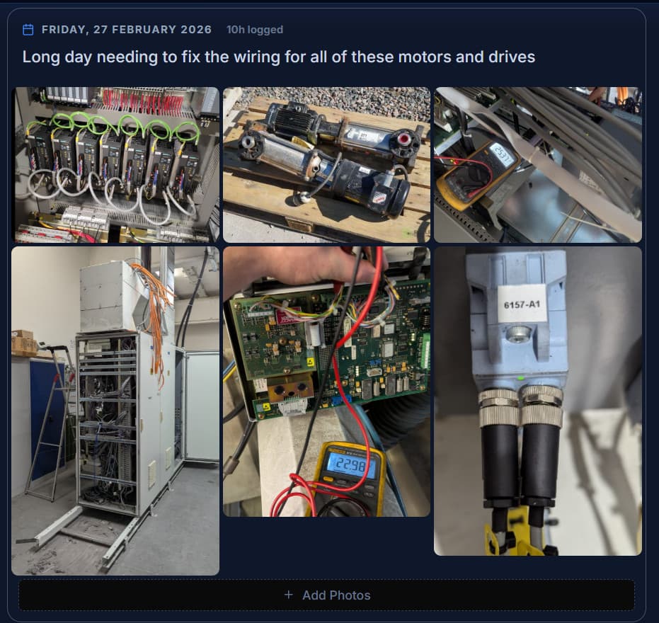 Daily log with six photos in two rows where portrait images have misaligned heights creating an uneven grid