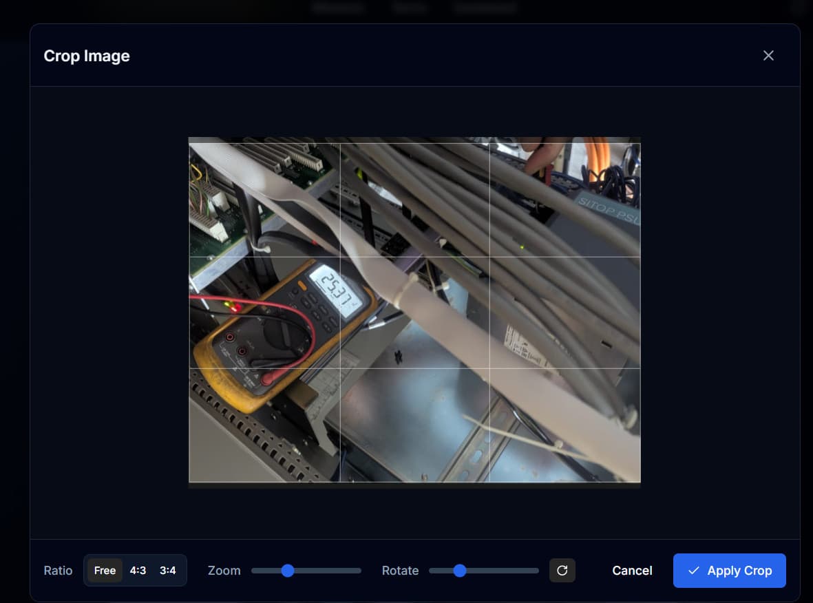 Crop Image dialog with the Rotate slider being used to correct the sideways photo orientation