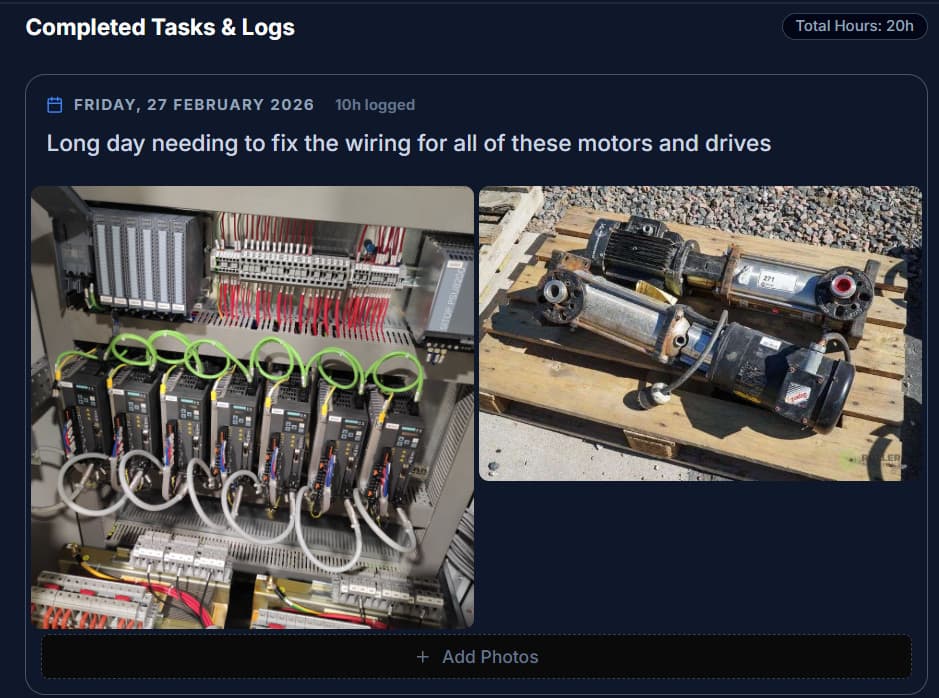 Daily log entry with two landscape photos where the left photo contains irrelevant areas that need cropping