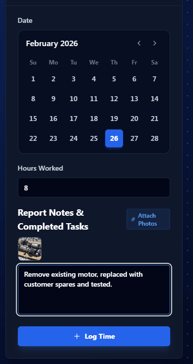 Log hours form showing date picker, hours worked, photo attachment and task notes