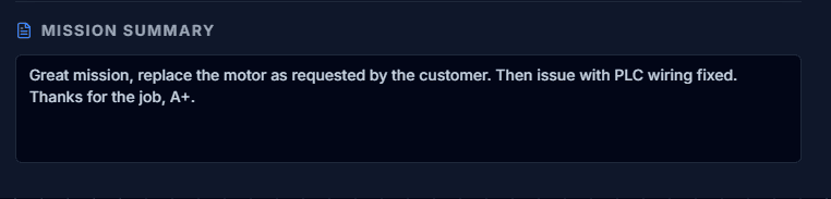 Mission summary text field filled with a description of work completed