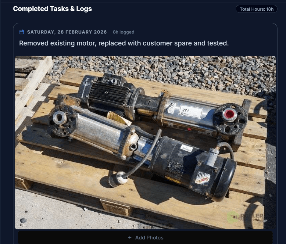 Report editor showing daily log entries with photos and descriptions