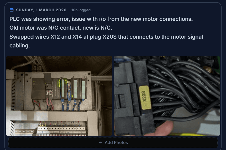 Daily log entry with multiple photos and mission summary field below