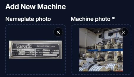 A Cerutti machine nameplate and a photo of the rotogravure press uploaded to Add New Machine for the AI to read