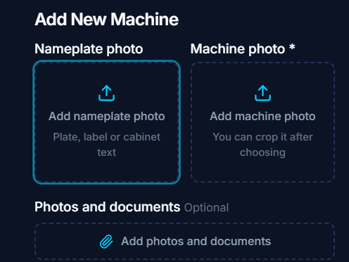 The Add New Machine form on FindFST with an empty nameplate photo slot, a machine photo slot and optional photos and documents