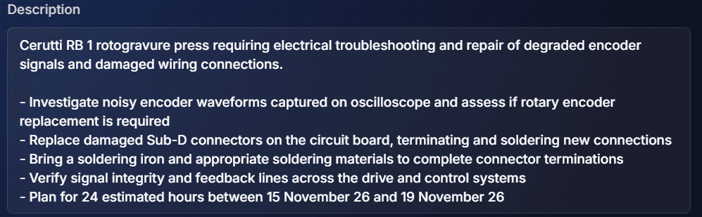 The refined mission description, now asking the technician to bring a soldering iron and materials, with the mission dates