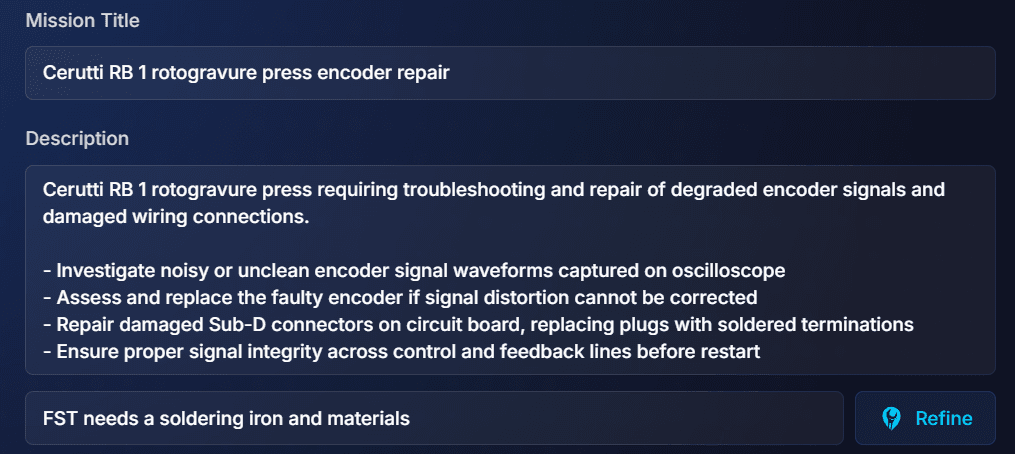 An AI drafted mission title and description for a Cerutti RB 1 rotogravure press encoder repair, with a refine instruction typed underneath