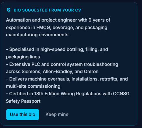 A technician bio suggested from the CV in short bullets, with the choice to use this bio or keep the existing one