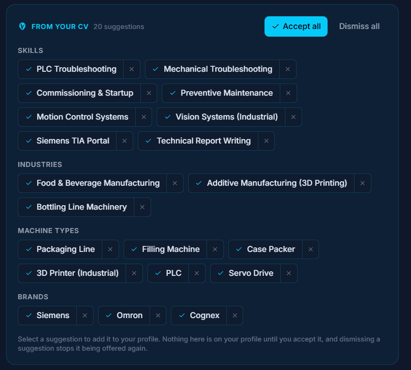 Twenty suggestions read from a technician's CV: skills, industries, machine types and brands, none added to the profile until accepted
