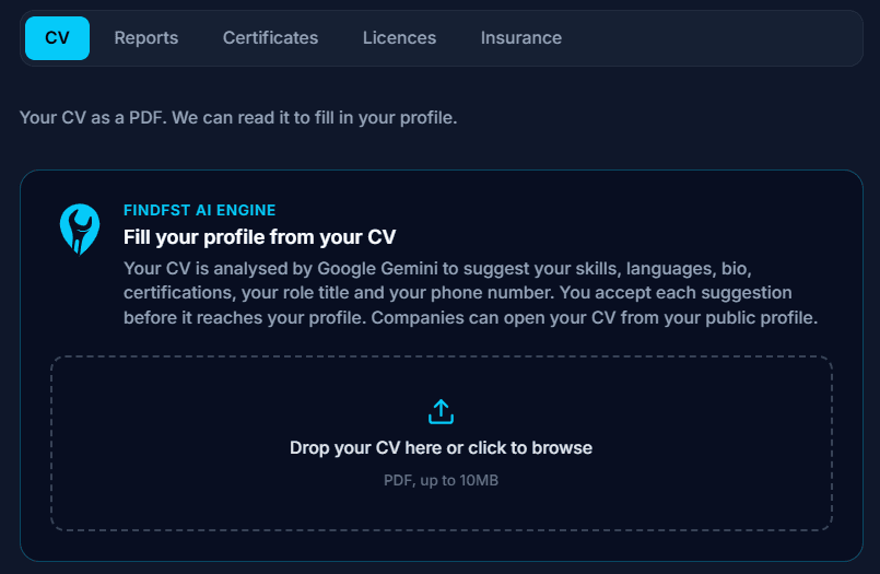The CV upload on a technician profile: the FindFST AI Engine reads the CV and suggests skills, languages, bio, certifications, role title and phone