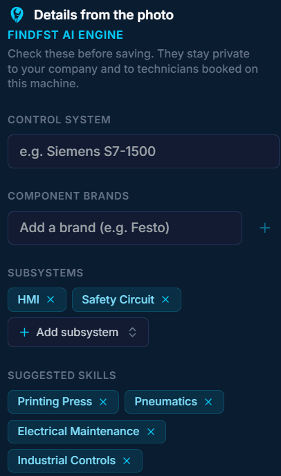 Details from the photo by the FindFST AI Engine: control system, component brands, subsystems and suggested skills, private to the company and booked technicians