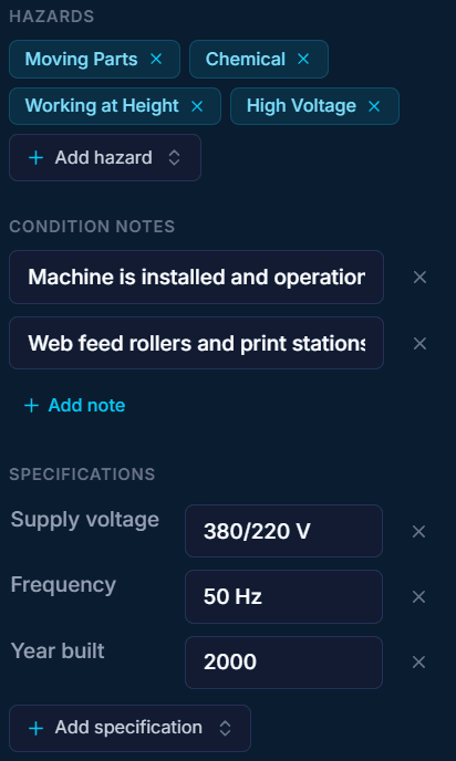 Hazards, condition notes and specifications read from the machine photos: supply voltage 380/220 V, frequency 50 Hz, built in 2000