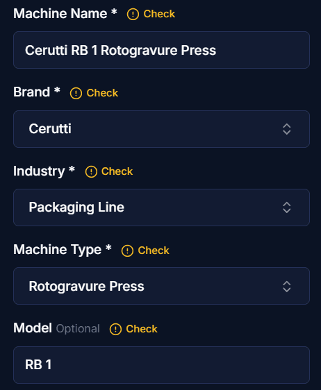 Machine name, brand, industry, machine type and model read from the photos, each marked Check for the company to confirm before saving