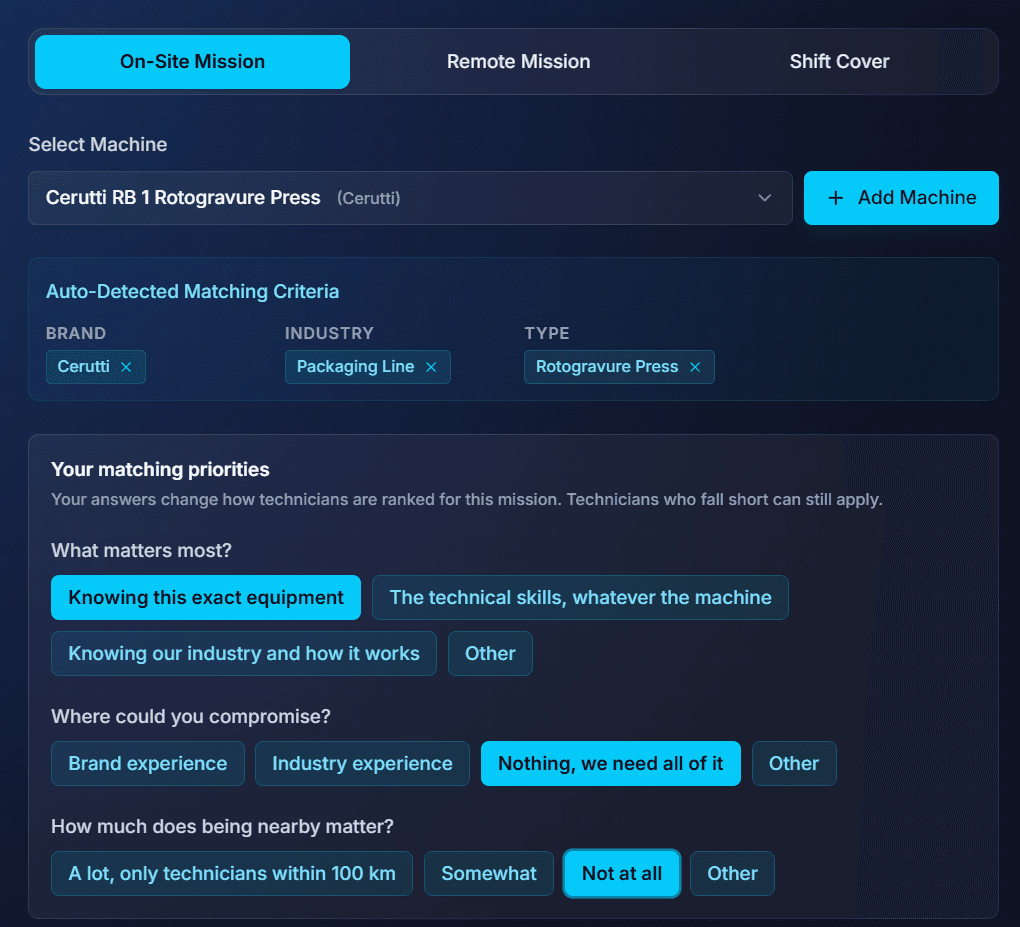 Posting an on-site mission on FindFST: the selected machine, the auto-detected matching criteria and the company's matching priorities