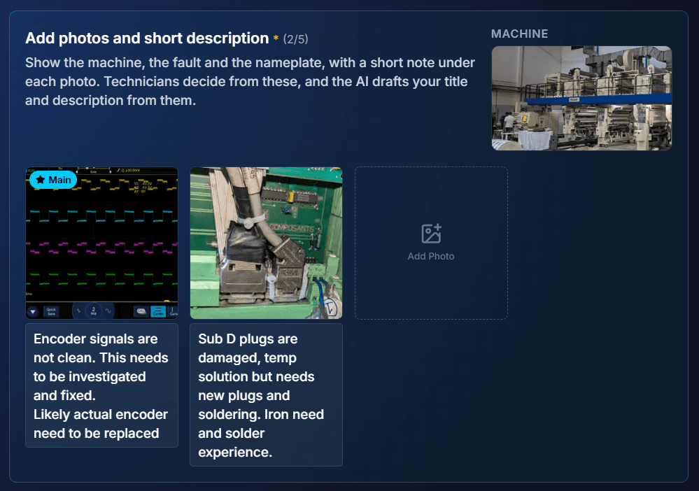 Mission photos with short captions: an oscilloscope trace of unclean encoder signals and damaged Sub-D plugs on a circuit board
