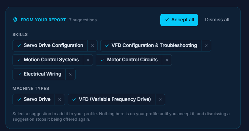 Seven suggestions read from a technician's service report: servo drive, VFD and motor control skills plus machine types, each accepted or dismissed