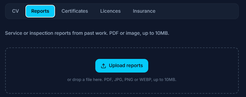 The Reports tab on a technician profile for uploading service and inspection reports from past work as PDF or image files