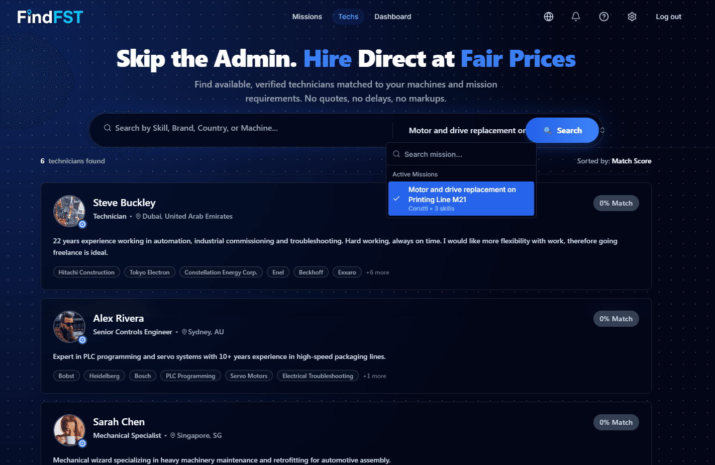 FindFST search page with filters showing matched PLC programmers