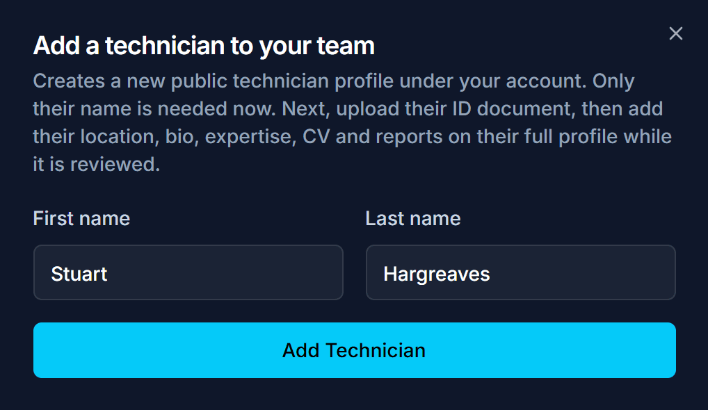 The Add a technician dialog on FindFST, asking only for first name and last name