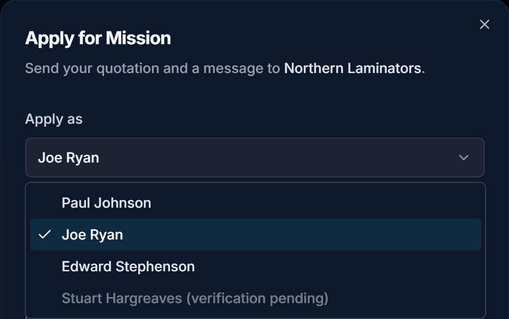 The Apply as selector on a mission application, letting an FST manager choose which technician on the team applies