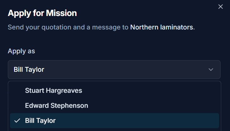 The Apply as selector on a mission application, letting an FST manager choose which technician on the team applies