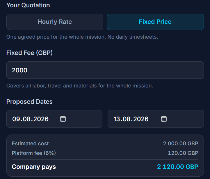 A fixed price quotation for a whole mission, showing the fixed fee, the 6% platform fee and the total the company pays