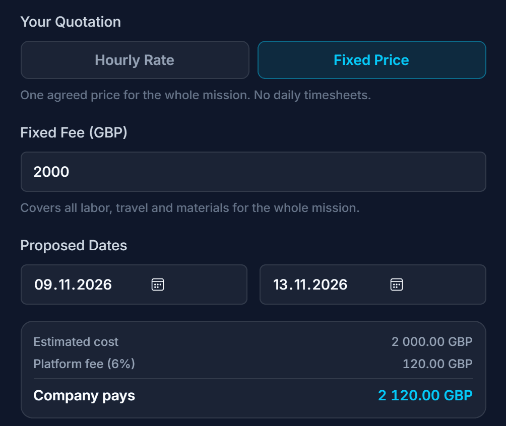 A fixed price quotation for a whole mission, showing the fixed fee, the 6% platform fee and the total the company pays