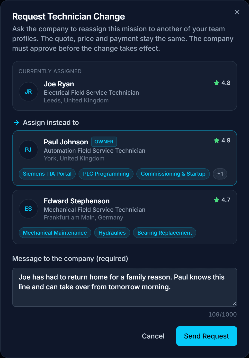 The Request Technician Change dialog on FindFST, reassigning a live booking from one team profile to another with a message to the company