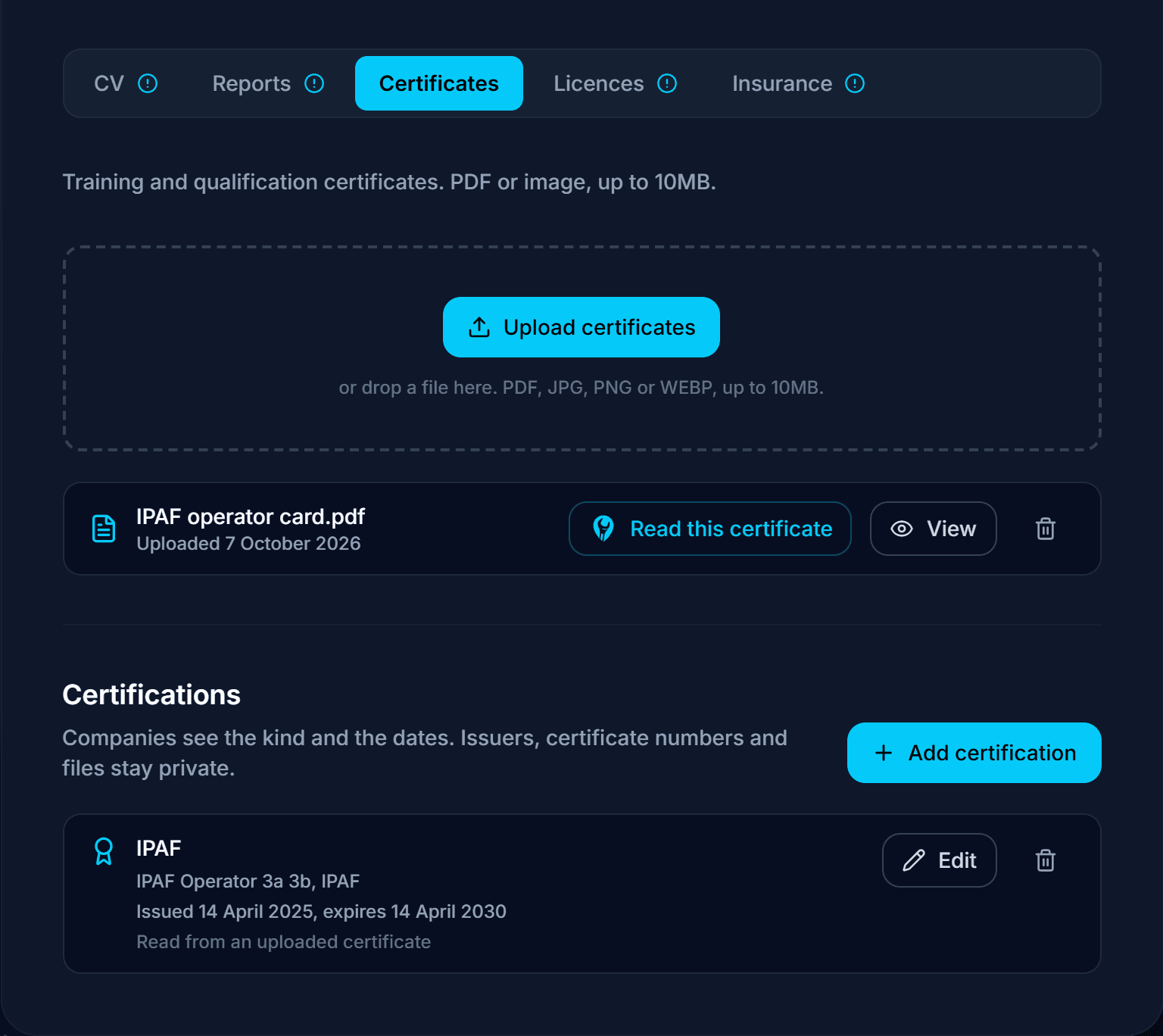 Un certificat IPAF téléversé pour un technicien de l’équipe et lu par le FindFST Engine, confirmé dans la liste « Certifications » avec ses dates