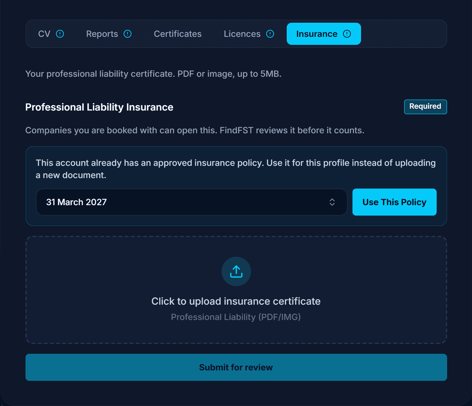 The Insurance section of a team technician's Uploads tab, offering a policy already approved on the account instead of a new upload