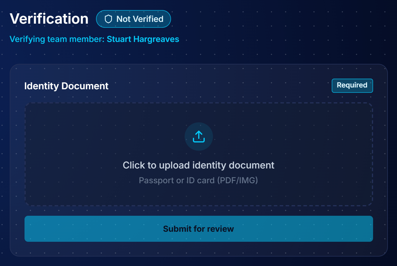 The Verification tab for a new team technician, with the required identity document upload and Submit for review