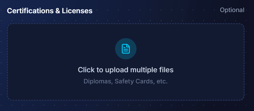 Uploading optional certifications and licences such as diplomas and safety cards for a team technician
