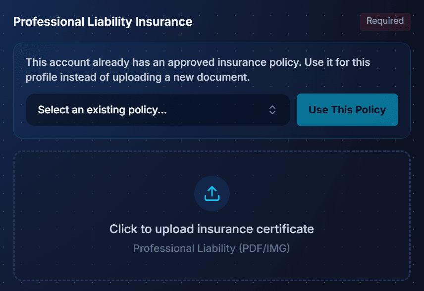 Linking an existing approved professional liability insurance policy to a new technician profile instead of uploading a new certificate