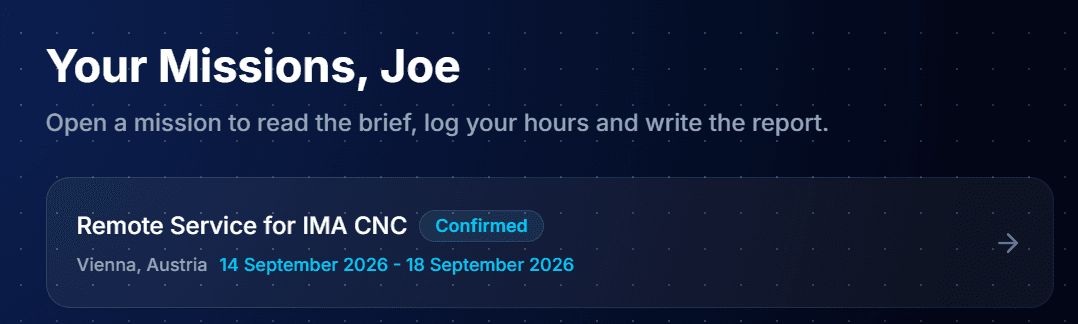 A team member's restricted login on FindFST showing only their assigned missions, prompting them to open one to log hours and write the report