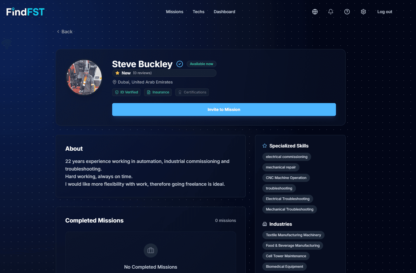 Technician profile page showing skills, certifications, and experience
