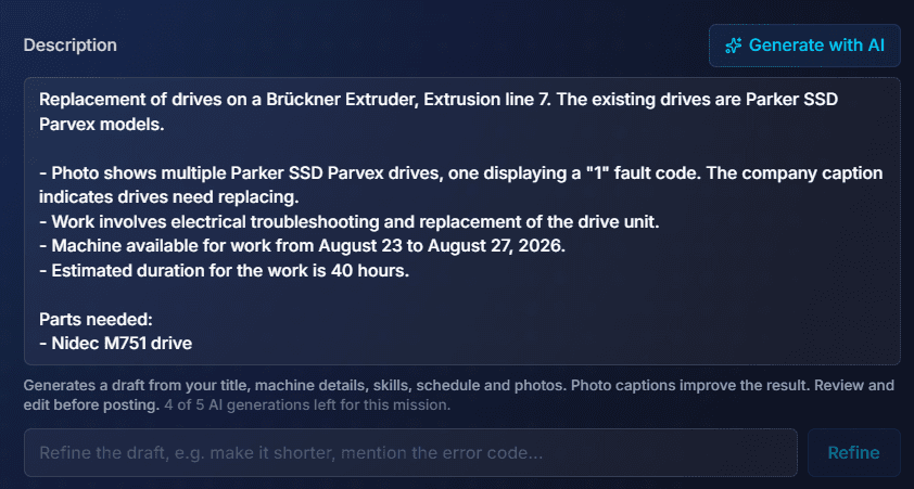 On-site mission description describing a drive replacement, the fault code and the parts required