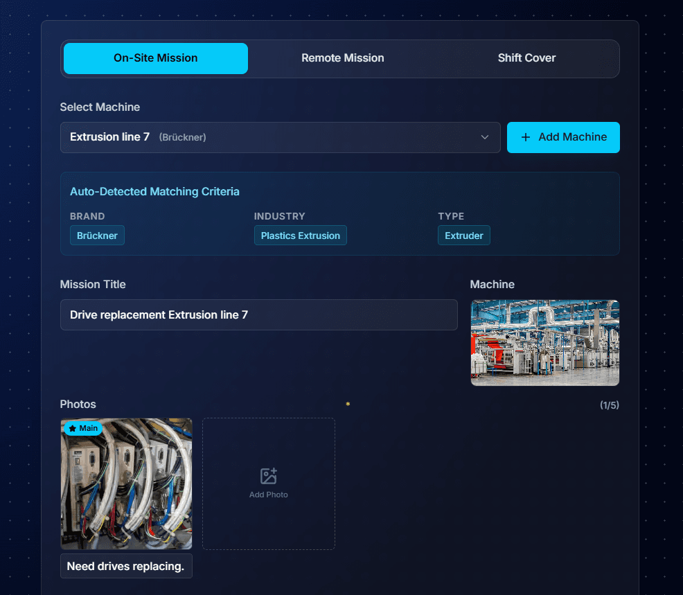 Posting an on-site mission showing machine selection, auto-detected matching criteria and a captioned fault photo