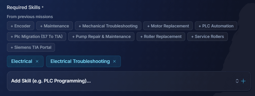 Selecting required skills for an on-site mission, with suggestions from previous missions