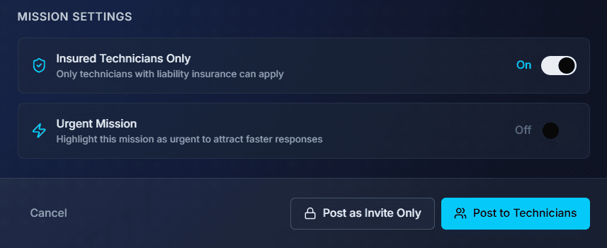 Mission settings for a remote mission with insurance and urgency toggles, and the publish options