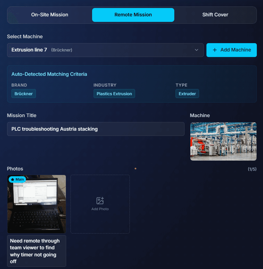 Posting a remote mission on FindFST, showing the Remote Mission tab, machine selection and a captioned photo of the fault