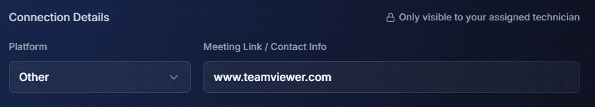 Remote mission connection details showing the platform and meeting link, visible only to the assigned technician