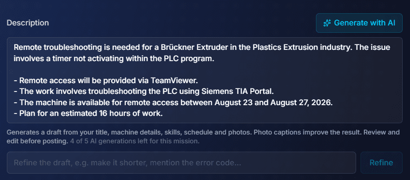 Remote mission description covering the PLC fault, the remote access method and the estimated hours