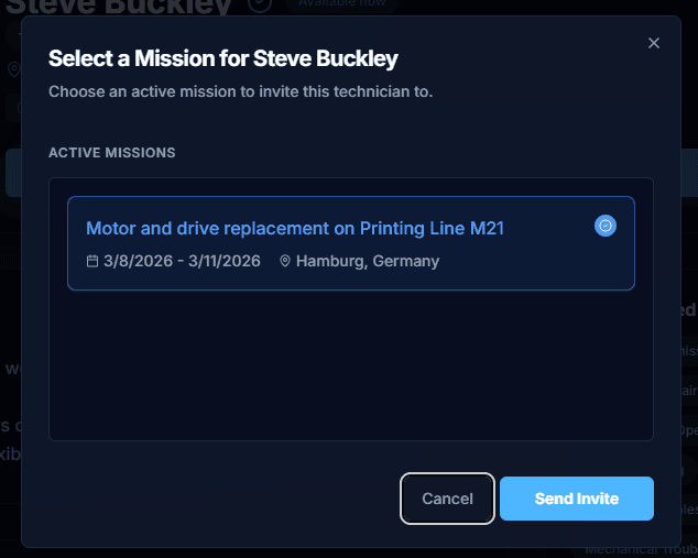 Dialog to send a mission invite to a technician on FindFST