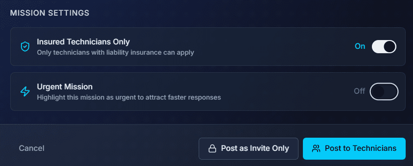 Mission settings for shift cover with insured technicians only and urgent mission toggles, and the publish options
