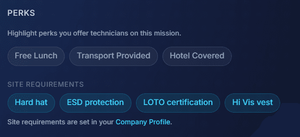 Shift cover perks such as transport and hotel, alongside site requirements including hard hat and LOTO certification
