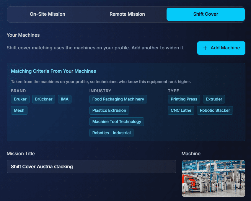 Posting a shift cover mission on FindFST, showing the Shift Cover tab and matching criteria taken from the company machines
