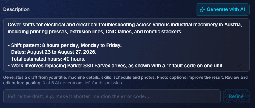 Shift cover mission description showing the shift pattern, dates and total estimated hours